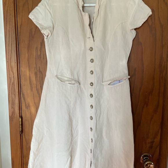 Cream A-Line Midi Dress with Mandarin Collar - Picture 1 of 3